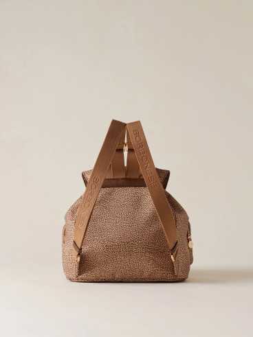 Poche Zaino Medium – Backpack in Recycled OP Fabric and Leather, Beige/Brown