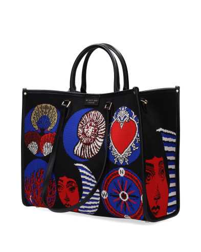 Atena Sea Creatures Big – Tote Bag in Jacquard Fabric and Leather, Submarine